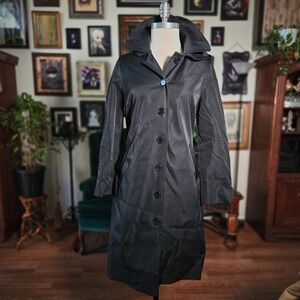 Delta Collection Trench Coat Black Hooded Raincoat Jacket Petite 2P Button Front